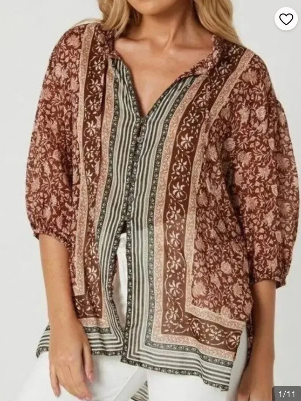 Free People Brown Floral Border-Print Tie-Neck Blouse
